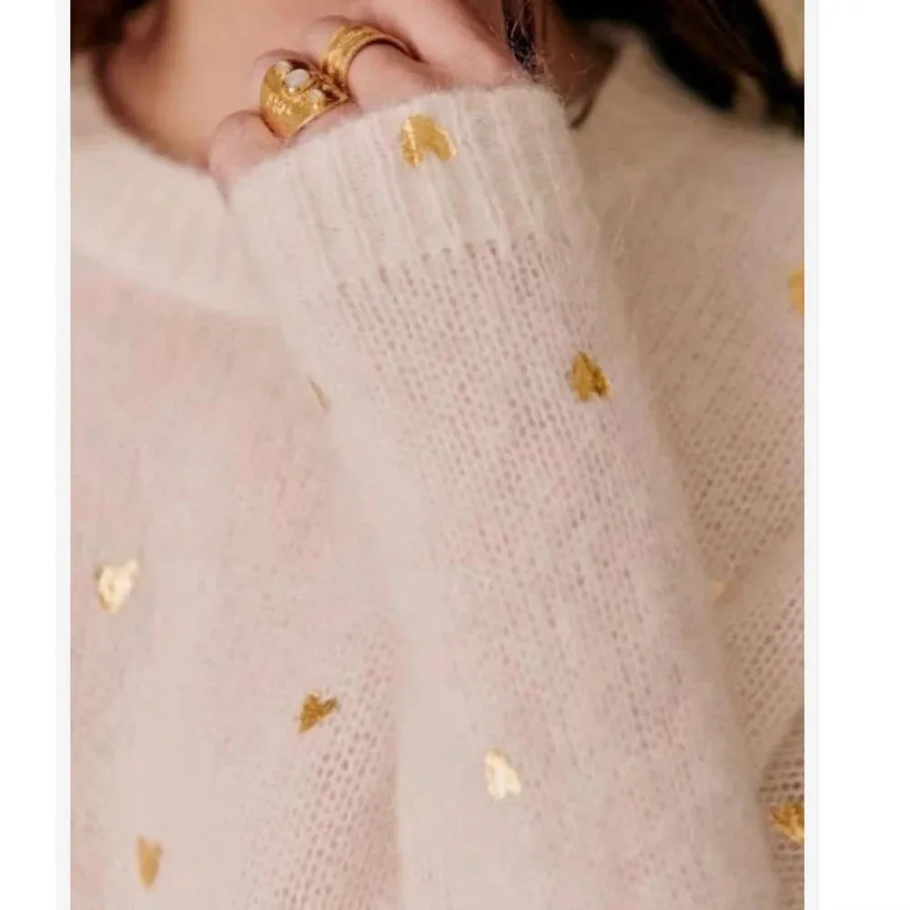 Sezane Cinta Jumper XSmall Sweaters Golden Heart Ecru Cream Ivory French Knit - Picture 4 of 10